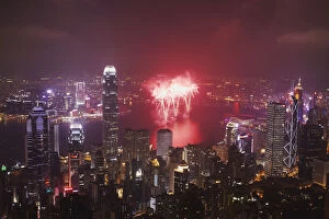 Images Dated 14th June 2011: Fireworks in Victoria Harbour on National Day, Hong Kong, China