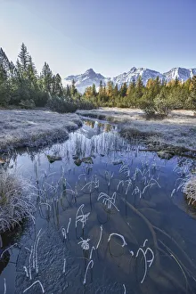 First frost of autumn at Lake Entova. Valmalenco, Valtellina, Lombardy, Italy. Europe