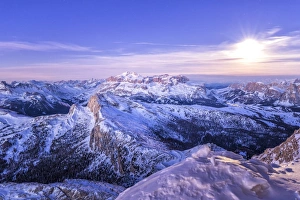 Images Dated 6th June 2017: The first light of day meet the full moon, Mount Lagazuoi, Cortina d Ampezzo, Belluno district