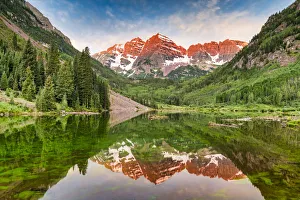 Colorado Prints: First Light on Maroon Bells Reflecting in Maroon Lake, near Aspen, Colorado, USA