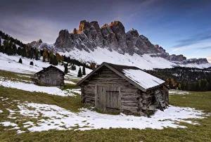 Puez Odle Prints: First light on the peaks with huts. Val di Funes, Trentino Alto Adige, Italy