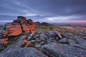 First light at sunrise glows against Belstone Tor, Dartmoor National Park, Devon, England First light at sunrise glows against Belstone Tor, Dartmoor National Park, Devon, England