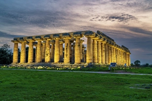 Cilento Prints: First Temple of Hera lit up at dusk, Paestum, Campania, Italy