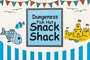 Rooves Prints: A fish hut snack shack selling fresh seafood at Dungeness beach, Kent, England