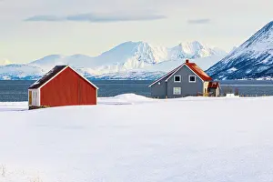 Fjord Prints: Fisherman cabins on a snowy beach along the fjord, Tromso, Norway
