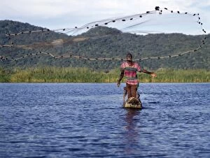 Male Gallery: A fisherman in a dugout canoe casts his net in the Shire River