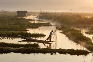 A fisherman rows in floating gardens, Inle Lake, Shan State, Myanmar