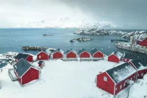 Typical House Prints: Fisherman village near to Leknes bay during a winter day