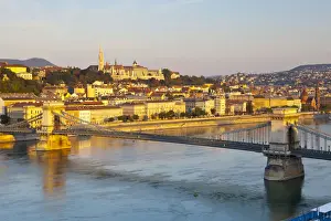 Hungarian Prints: Fishermans Bastion, The Chain Bridge & River Danube illuminated Sunrise, Castle Hill