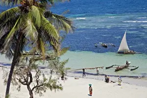 Msambweni Prints: Fishermen bring home their catch at mid-day on the coconut palm-fringed Msambweni beach