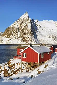 Hamnoy Prints: Fishermen hut and Klokketinden - Norway, Nordland, Lofoten, Moskenesoya, Hamnoy
