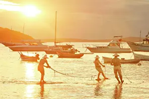 Coastal Town Prints: The Three Fishermen Monument (Monumento Tres Pescadores) in the port of Buzios at sunset