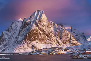 Reine Prints: Fishermen village Reine and coastal mountains - Norway, Nordland, Lofoten, Moskenesoya