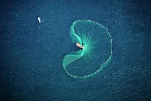 Straight Down Prints: Fishing boat with anchovy net in the blue sea, Tuy An, Phu Yen Province, Vietnam