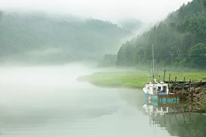 New Brunswick Prints: Fishing boat in fog Alma, New Brunswick, Canada