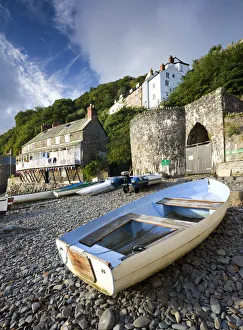 Fishing boat on the pebble beach in Clovelly harbour, Devon, England