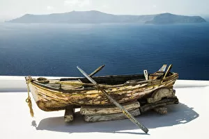 Images Dated 28th August 2014: Fishing boat on the roof, Firostefani, Santorini (Thira), Greece