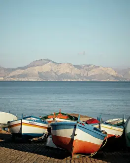 Sicilia Prints: Fishing boats at dawn, Aspra, Sicily, Italy
