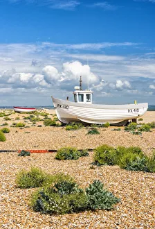 Shingle Prints: Fishing boats on Dungeness shingle beach, Kent, England