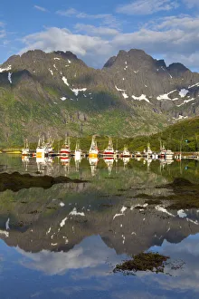 Fishing Boats in fjord, Austnesfjorden, Vagan, Lofoten, Nordland, Norway