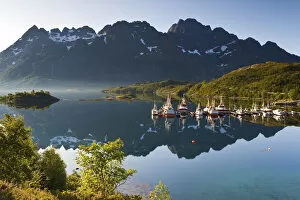 Fishing Boats in fjord, Austnesfjorden, Vagan, Lofoten, Nordland, Norway