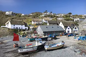 Cornish Prints: Fishing boats and thatched cottages in the Cornish fishing village of Cadgwith
