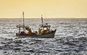 Cadgwith Prints: Fishing trawler heading out to sea at sunrise