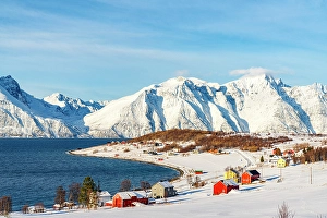 Fjord Prints: Fishing village of Djupvik covered with snow