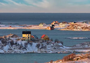 Fishing village of Sommaroy in winter during at sunset, Troms county, Norway
