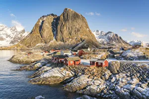 The fishing village with its traditional rorbus in the winter morning