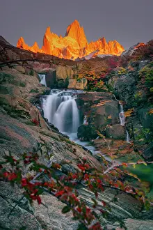 Moutnains Prints: Fitzroy mountain and the Hidden waterfall at sunrise in the Los Glacieres National Park near El Chalten