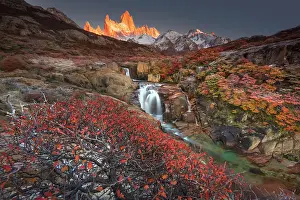 Patagonia Prints: Fitzroy mountain and the Hidden waterfall at sunrise in the Los Glacieres National Park near El Chalten