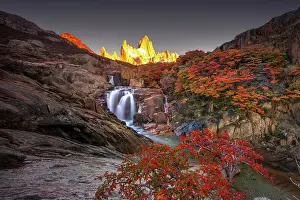Moutnains Prints: Fitzroy mountain and the Hidden waterfall at sunrise in the Los Glacieres National Park near El Chalten