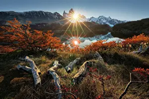 Patagonia Prints: Fitzroy mountain at sunset reflectin in the Laguna Capri lake near El Chalten