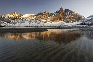 Relfections Prints: Fjord peaks bathed in morning light in Senja island, Norway