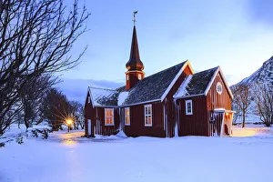Flakstad Prints: Flakstad church at dusk, Flakstad, Lofoten islands, Norway