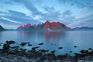 Fjord Collection: Flakstad Mountain Range illuminated by Midnight Sun, Lofoten Islands, Norway