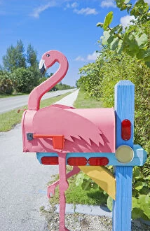 Images Dated 11th July 2013: Flamingo made of wood attached to mailbox, Sanibel Island, Florida, USA