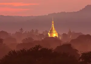 Mandalay Region Prints: Floodlit pagoda at dusk, Bagan (UNESCO World Heritage Site)