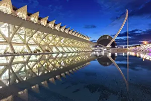 Valencia Prints: Floodlit view of the Ciudad de los artes y ciencias (City of Arts and Sciences) at dawn