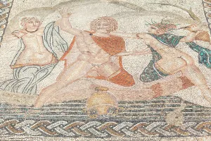 Marocco Prints: The floor mosaic representiong the abduction of Hylas by nymphs inside the ancient Roman ruins of Volubilis