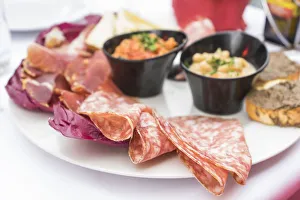 Dinner Prints: Florence, Tuscany, Italy. Dinner with salame, tomato souce