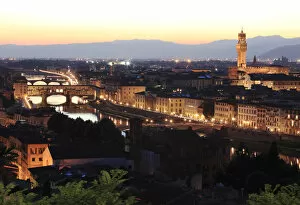 Images Dated 26th June 2018: Florence, Tuscany, Italy. View over the Arno river, Ponte Vecchio, the Duomo cathedral