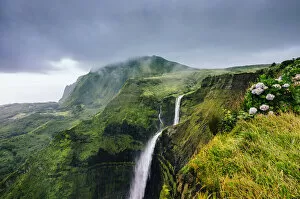 Images Dated 21st March 2022: Flores, Azores Islands, Portugal. Poco Ribeira do Ferreiro waterfalls, aerial view