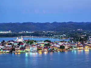 Nightfall Prints: Flores Island at dusk, elevated view, Peten Department, Guatemala