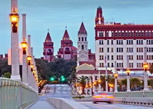 Florida, Saint Augustine, Illuminated Bridge of Lions, Skyline, Twin Towers Of Flagler