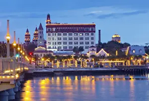 Florida, Saint Augustine, Illuminated Bridge of Lions Crosses the Matanzas River, Skyline