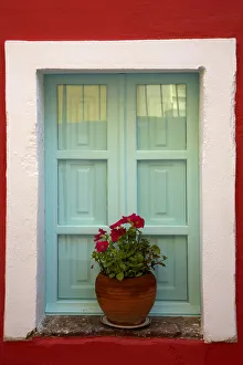 Santorini Prints: Flower Pot in Window, Oia, Santorini, Greece