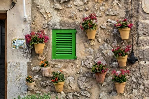 Images Dated 19th July 2023: Flower pots on wall, Valldemossa, Serra de Tramuntana, Mallorca, Balearic Islands, Spain