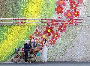 Clothing Prints: Flower seller with her bicycle by the famous ceramic flower mural